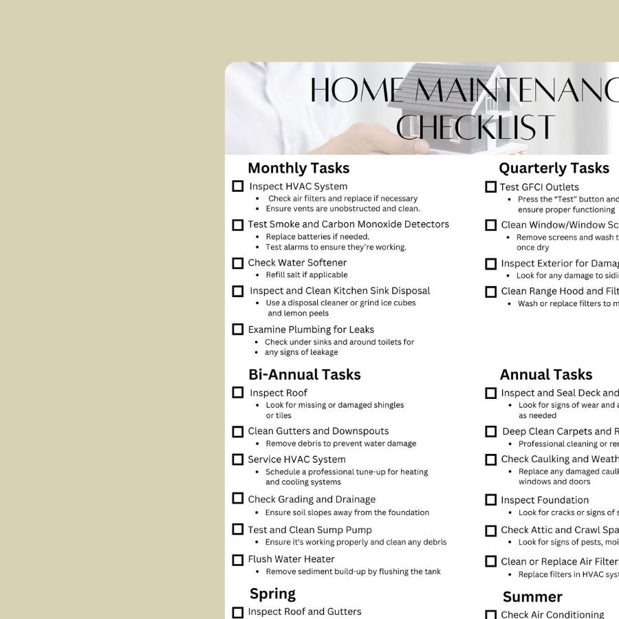 Home maintenance checklist with tasks categorized by frequency on a beige background