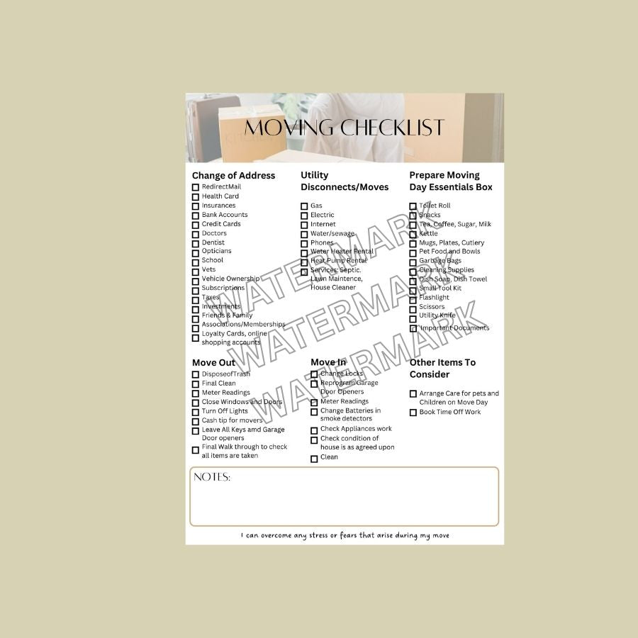 Moving checklist on a beige background with watermarked text overlay